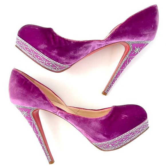 CHRISTIAN LOUBOUTIN || Purple Velvet Crystal Detail 140 Eugenie Dorsay Pump 8.5 - Picture 9 of 14